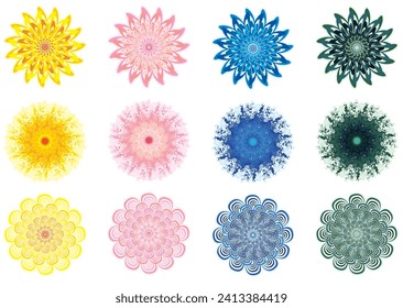 3 tipos de flores estilo heráldico ilustración de diseño decorativo. Ver.2 (conjunto de color amarillo, rosa, azul, verde vectorial)