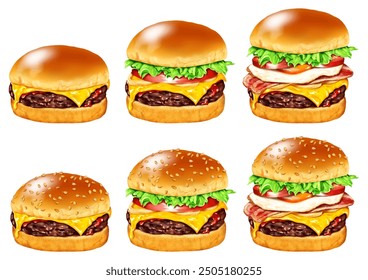 3 types of hamburgers, buns, sesame buns