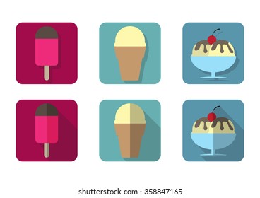 3 types of icecream in variuos style (shadow, long shadow)
