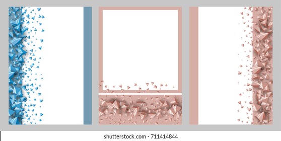 3 types of posters, geometric illustration background, placard, geometric style flat and 3d design elements. 3d crystals decoration for covers, banners, flyers and posters, invitation card, brochure.