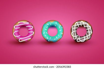 3 variants of 3d donuts with different flavors, vector donuts 3 flavors.