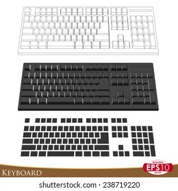 3 variants of PC keyboard vector: keys only, outlines only and 3-D with outlines. All objects separated on different layers and named.