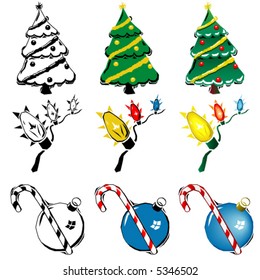 3 variations of stylized holiday woodcuts of a christmas tree, string of lights and ornaments.