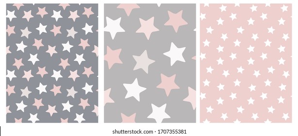 3 Varius Star Vector Patterns. Irregular Hand Drawn Simple Starry Sky Print. Nursery Backdrop. Infantile Style Design. White, Gray and Pink Stars on a Gray and Pink Layout. Carpet, Fabric Pattern. 