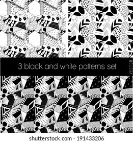 3 vector abstract black and white seamless patterns set.