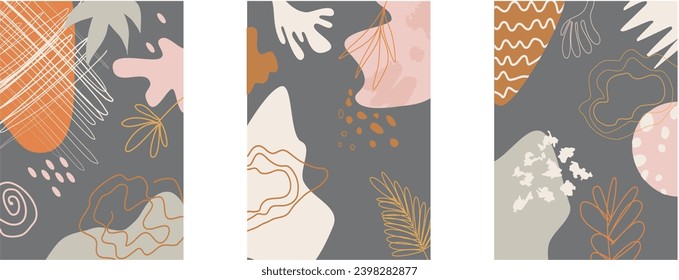 3 vector abstract posters in boho style, patterns on a gray background. Hand drawn, A3 format.