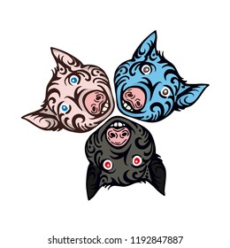 3 vector cartoon pig face with stylized patterns.