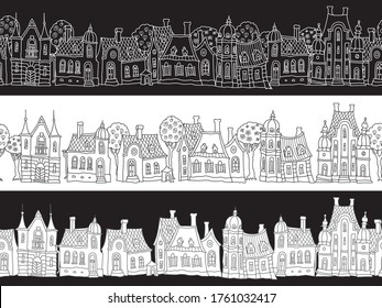 3 vector endless borders. Black and white doodle of Fantasy Day and night landscape. Fairy tale houses panorama, old medieval town street. Hand drawn sketch, coloring book page, web site banner