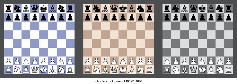 3 vector flat chess boards in different colors with black and white pieces svg