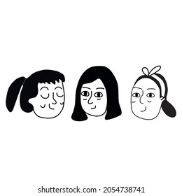 3 vector girls on black and white color different hair style, bob hair, pony tail, bow head band
