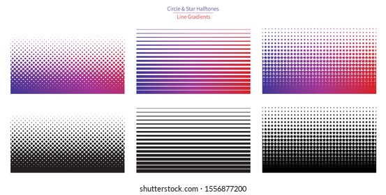 3 Vector Gradients in color and black - offset circle halftone gradient, star pattern gradient and 80s line gradient.