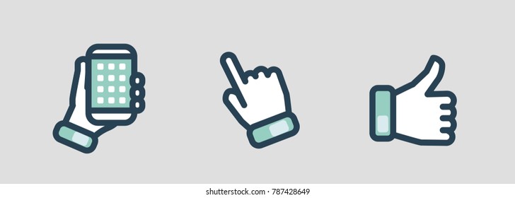 3 vector hand icons. Vector flat line illustration. Hand holding a smartphone, hand poiting a finger, hand showing a thumbs up like and appreciation