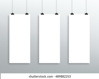 3 Vector Hanging Blank White Long Sheets From Clips