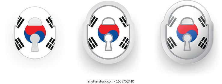 3 vector icons of Republic of Korea (South Korea) - flag shield button and cogwheel, flat and volumetric style in flag colors blue, red, white for poster, flyer