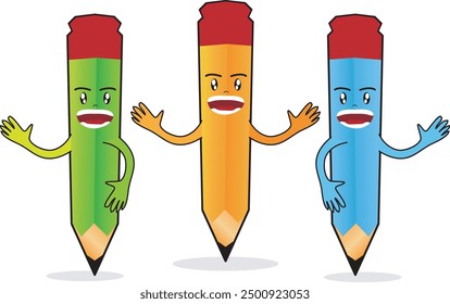 3 vector illustrations of Green, Yellow and blue colored pencil cartoon characters
