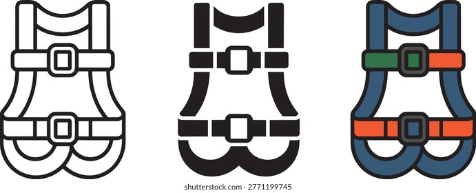 3 vector illustrations of a safety harness in different styles outline solid black and colored flat design isolated on a white background for safety and indust.