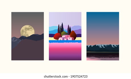 3 vector landscapes, set. Moon and mountains, settlements, shore