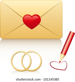 3 vector love icons: love letter, wedding rings and pencil drawing heart