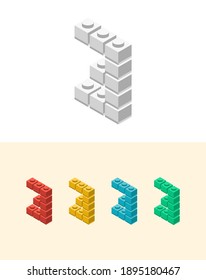 3 vector number with colourful plastic toy brick, isolated isometric 3d childish block font. Perfect for kids labels, birthday and kindergarten posters, school style, children magazines etc.