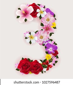 3, vector number font with realistic of beautiful tropical flowers on background color.