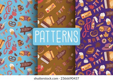3 Vector seamless patterns with Oktoberfest attributes. Festival of beer and attractions in Munich. Traditional ornaments for paper and textiles. German drinking culture.