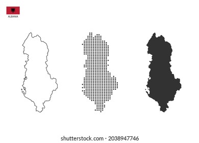 3 versions of Albania map city vector by thin black outline simplicity style, Black dot style and Dark shadow style. All in the white background.