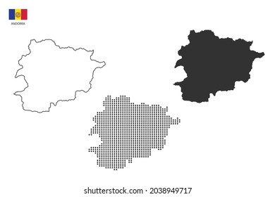 3 versions of Andorra map city vector by thin black outline simplicity style, Black dot style and Dark shadow style. All in the white background.