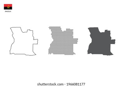 3 versions of Angola map city vector by thin black outline simplicity style, Black dot style and Dark shadow style. All in the white background.