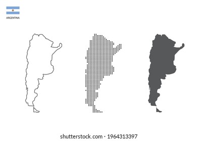 3 versions of Argentina map city vector by thin black outline simplicity style, Black dot style and Dark shadow style. All in the white background. 