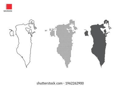 3 versiones del mapa de Bahréin vector de ciudad por el delgado estilo de simplicidad de contorno negro, estilo de punto negro y estilo de sombra oscura. Todo en el fondo blanco.