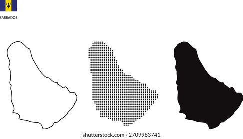 3 versions of Barbados map city vector by thin black outline simplicity style, Black dot style and Dark shadow style. isolated on transparent background. vector illustration