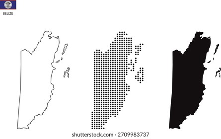 3 versiones del Vector de la ciudad del mapa de Belice por el estilo fino de la simplicidad del contorno negro, estilo negro del punto y estilo oscuro de la sombra. aislado en fondo transparente. Ilustración vectorial
