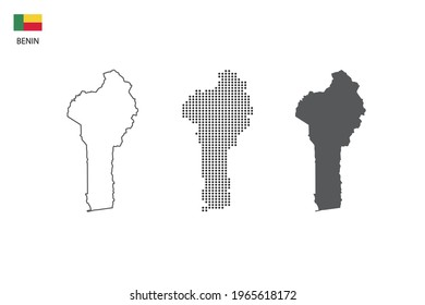3 versions of Benin map city vector by thin black outline simplicity style, Black dot style and Dark shadow style. All in the white background. 
