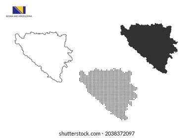 3 versions of Bosnia and Herzegovina map city vector by thin black outline simplicity style, Black dot style and Dark shadow style. All in the white background.