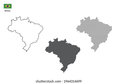 3 versions of Brazil map city vector by thin black outline simplicity style, Black dot style and Dark shadow style. All in the white background. 