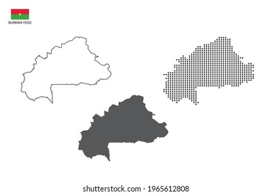 3 versions of Burkina Faso map city vector by thin black outline simplicity style, Black dot style and Dark shadow style. All in the white background. 