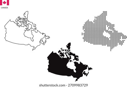 3 versions of Canada map city vector by thin black outline simplicity style, Black dot style and Dark shadow style. isolated on transparent background. vector illustration