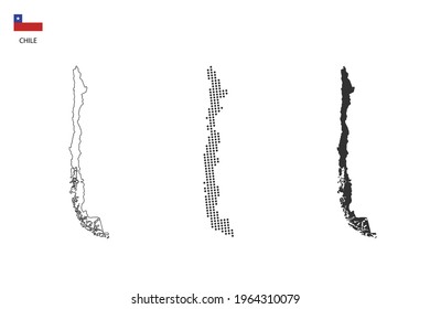 3 versions of Chile map city vector by thin black outline simplicity style, Black dot style and Dark shadow style. All in the white background. 