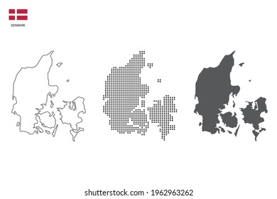 3 versions of Denmark map city vector by thin black outline simplicity style, Black dot style and Dark shadow style. All in the white background. 