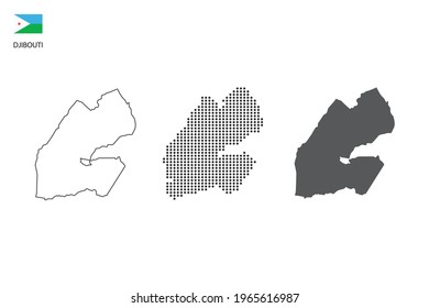 3 versions of Djibouti map city vector by thin black outline simplicity style, Black dot style and Dark shadow style. All in the white background. 