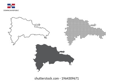 3 versions of Dominican Republic map city vector by thin black outline simplicity style, Black dot style and Dark shadow style. All in the white background. 