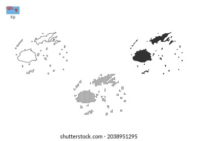 3 versions of Fiji map city vector by thin black outline simplicity style, Black dot style and Dark shadow style. All in the white background.