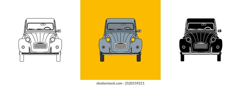 3 versions of the French vintage car: the 2CV - gray color, black outline and black silhouette.