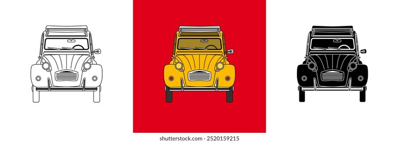 3 versiones del coche de época francés: el 2CV con su techo solar - color amarillo, contorno negro y silueta negra.