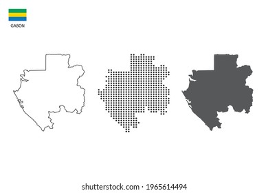 3 versions of Gabon map city vector by thin black outline simplicity style, Black dot style and Dark shadow style. All in the white background. 