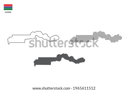 3 versions of Gambia map city vector by thin black outline simplicity style, Black dot style and Dark shadow style. All in the white background. 