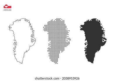 3 versions of Greenland map city vector by thin black outline simplicity style, Black dot style and Dark shadow style. All in the white background.