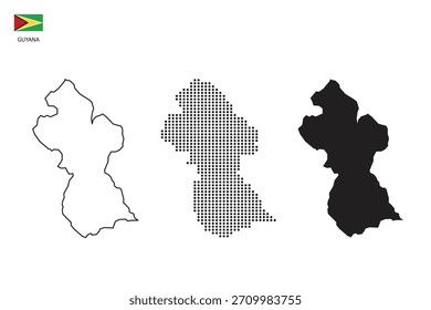 3 Versionen von Guyana Karte Stadt Vektor durch dünnen schwarzen Umriss Einfachheit Stil, Schwarzen Punkt Stil und Dunklen Schatten Stil. einzeln auf transparentem Hintergrund. Vektorgrafik