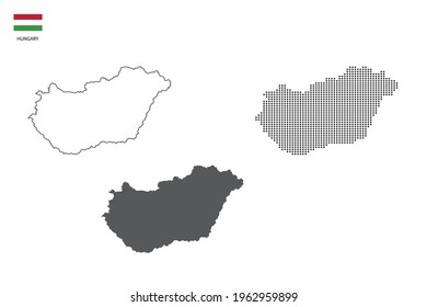 3 versions of Hungary map city vector by thin black outline simplicity style, Black dot style and Dark shadow style. All in the white background. 