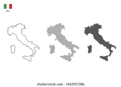 3 versions of Italy map city vector by thin black outline simplicity style, Black dot style and Dark shadow style. All in the white background. 